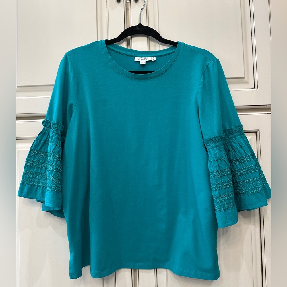 Chico's Teal Blue Embroidered Bell Sleeve Knit Top Size 3 XL